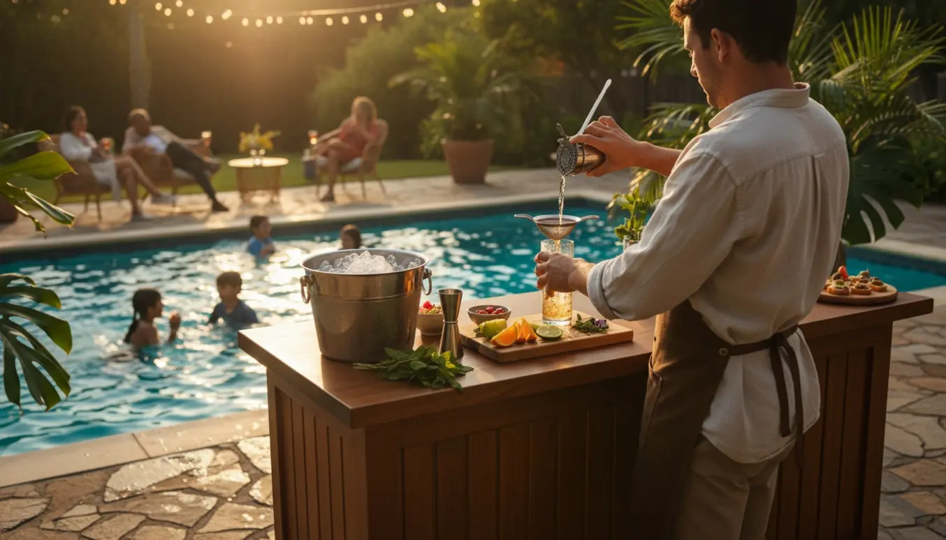 Poolparty ved en havebar med bartender, farverige cocktails og slørede gæster i baggrunden.