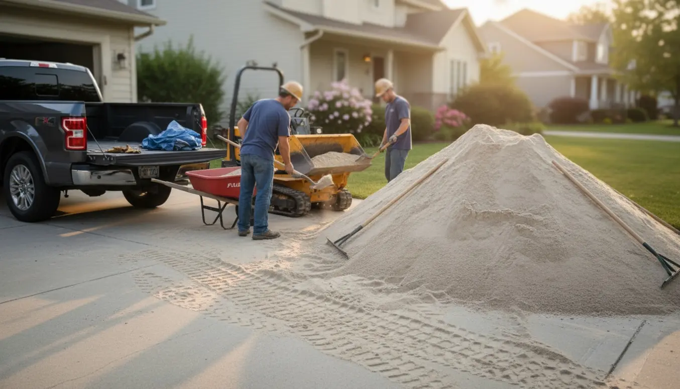 Stor bunke sand på en indkørsel ved et parcelhus med lastbil, mini-dumper og værktøj klar til bortkørsel.