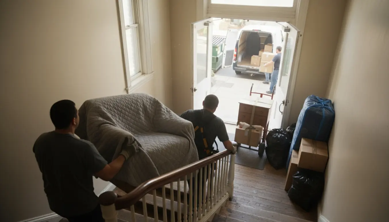 Flyttefolk bærer indpakket lænestol ned ad trappeopgang mod varevogn og affaldscontainer.