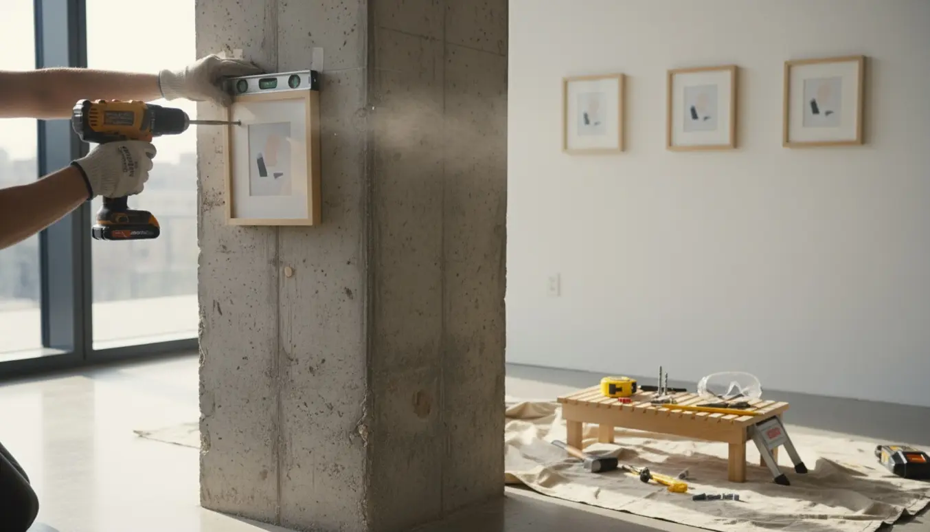 Tre små billeder hænges op, ét monteres på en betonvæg med en boremaskine.