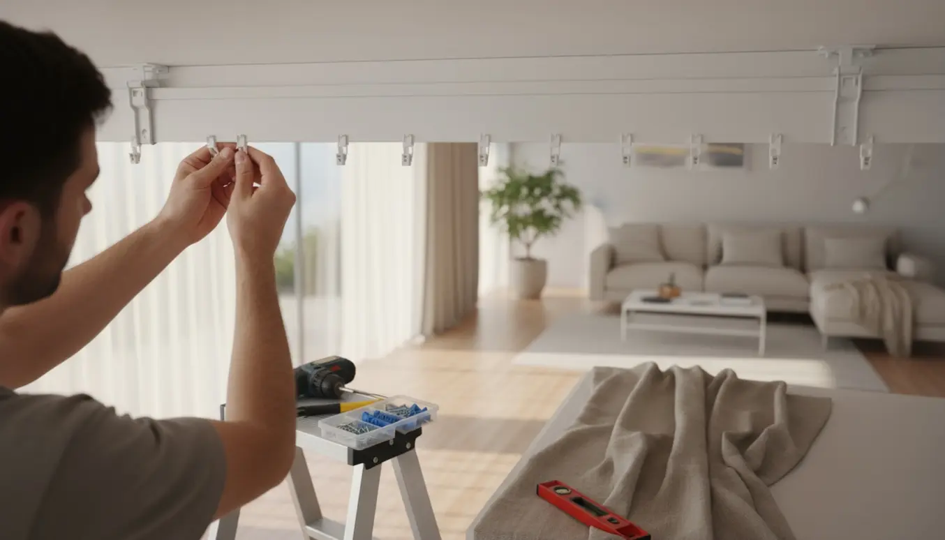 Hænder monterer et gardin i en hvid metal-skinne over et vindue med værktøj og stige ved siden af.