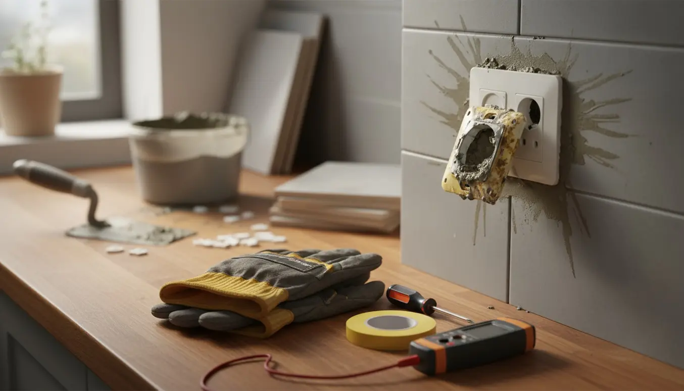 Vådt mørtel bag en køkkenstikkontakt med isolerede værktøjer opstillet klar til reparation.