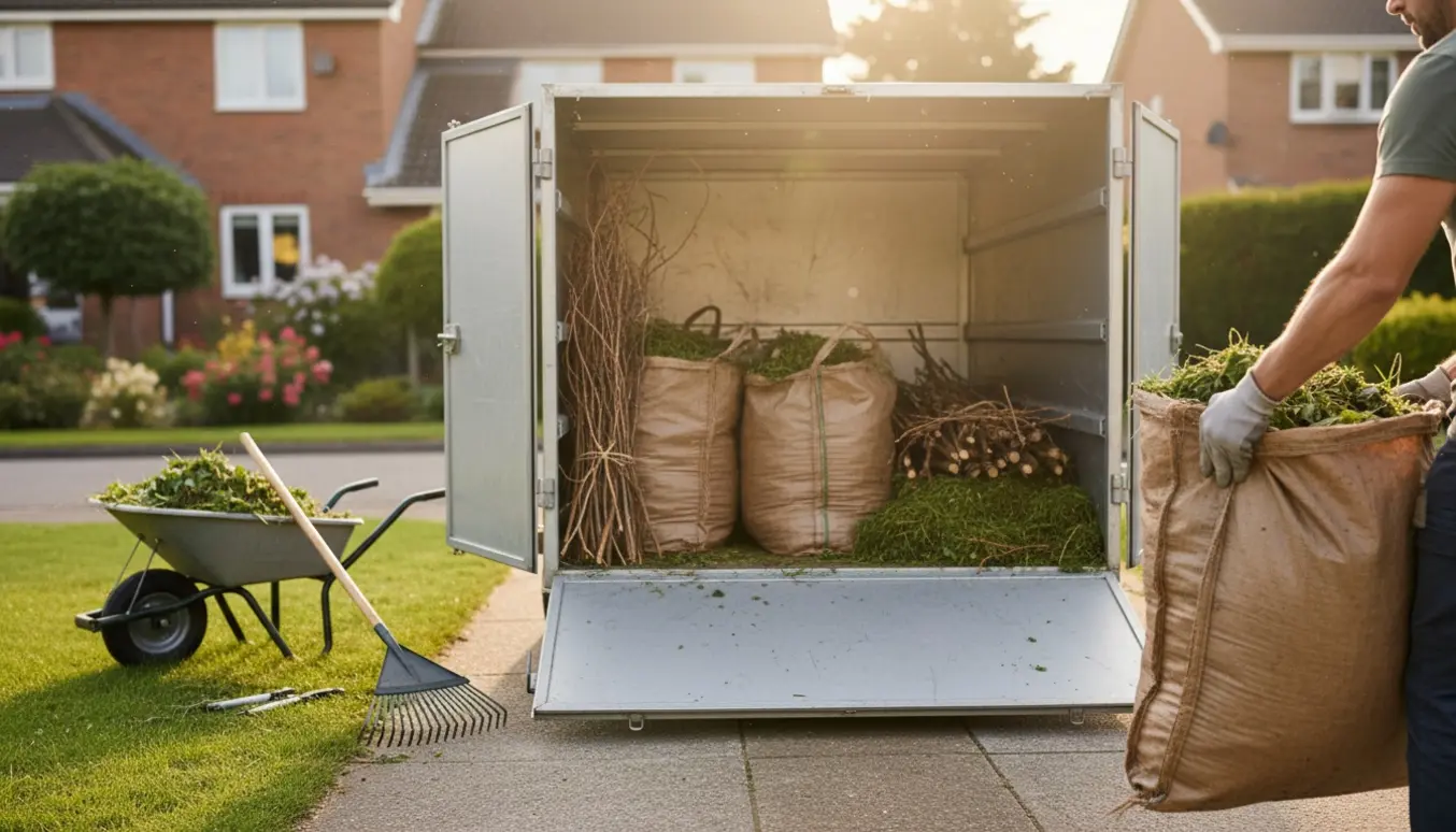Haveaffald i sække og grene læsses ind i en lukket trailer på en indkørsel.