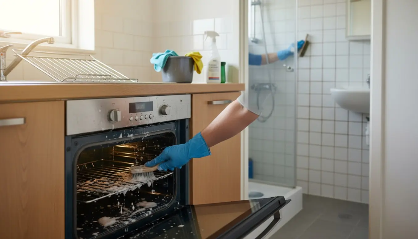 Dybdegående rengøring i en lille lejlighed med handsker, ovnrens og afkalkning i badeværelset.