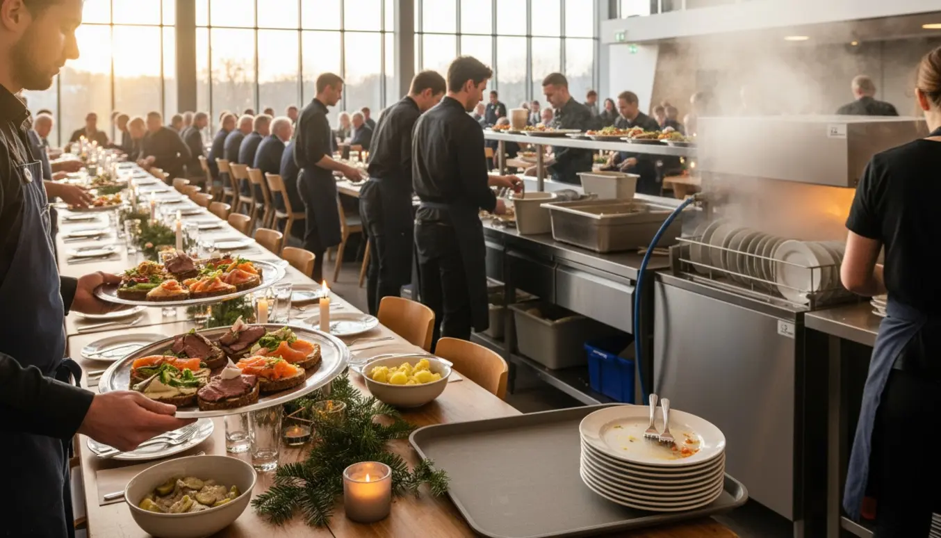 Servering, afrydning og opvask ved en travl firmajulefrokost med fade, glas og opvaskestation.
