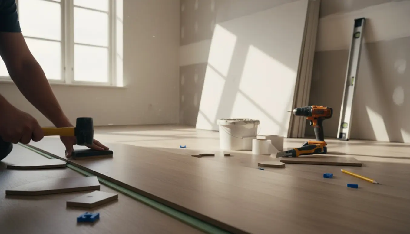 Midt i en renovering lægges laminatgulv, og gipsplader står klar langs væggen.