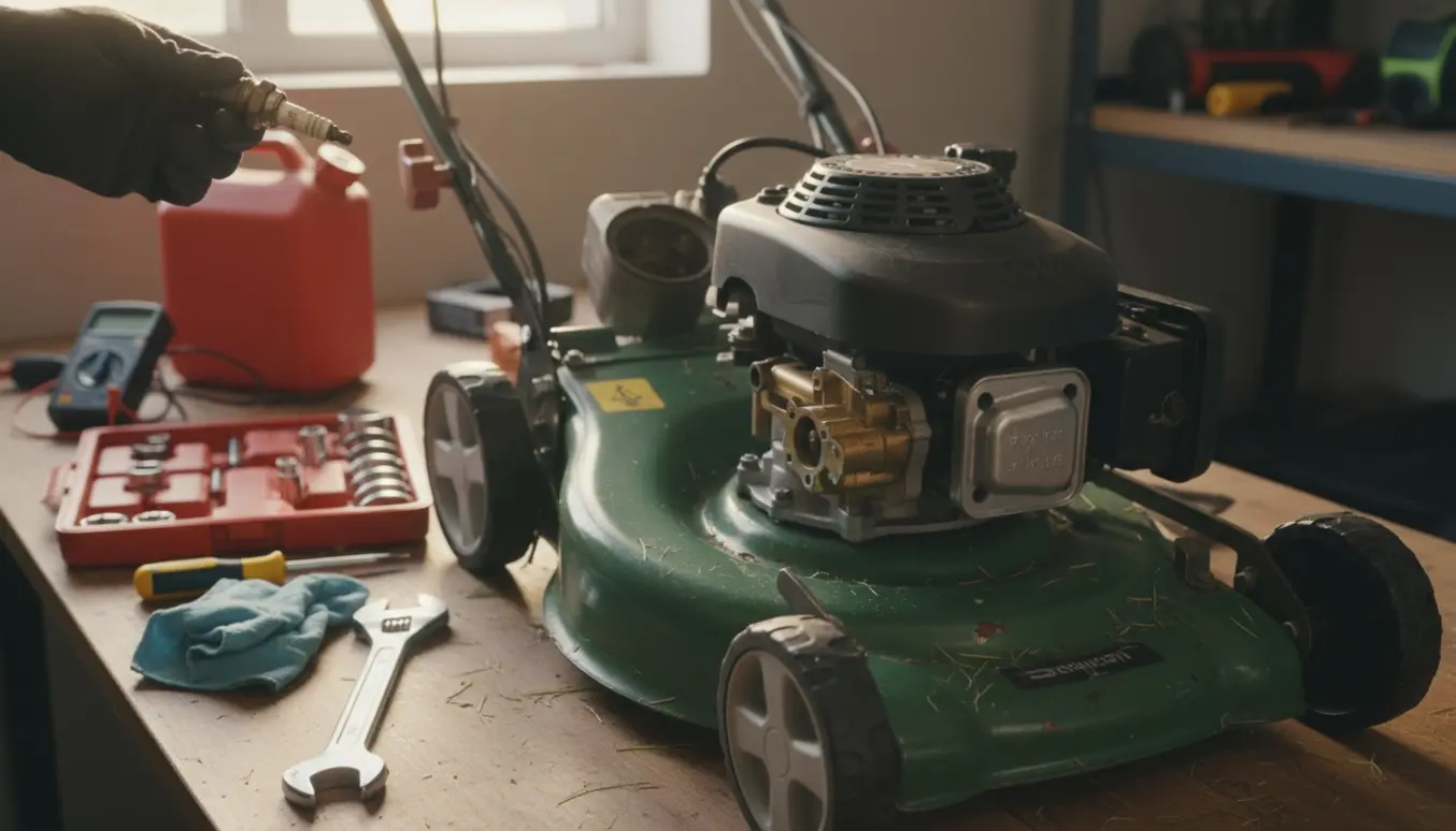 Hænder holder et tændrør foran en åben plæneklippermotor i et lyst værksted.