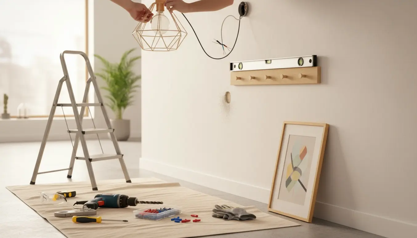 Person på en stige monterer en loftslampe, mens en knagerække og et billede forberedes med slagbor og værktøj i en lys gang.