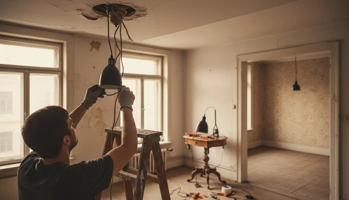 En person på en stige monterer en loftslampe i en gammel lejlighed med værktøj og en ekstra lampe i nærheden.