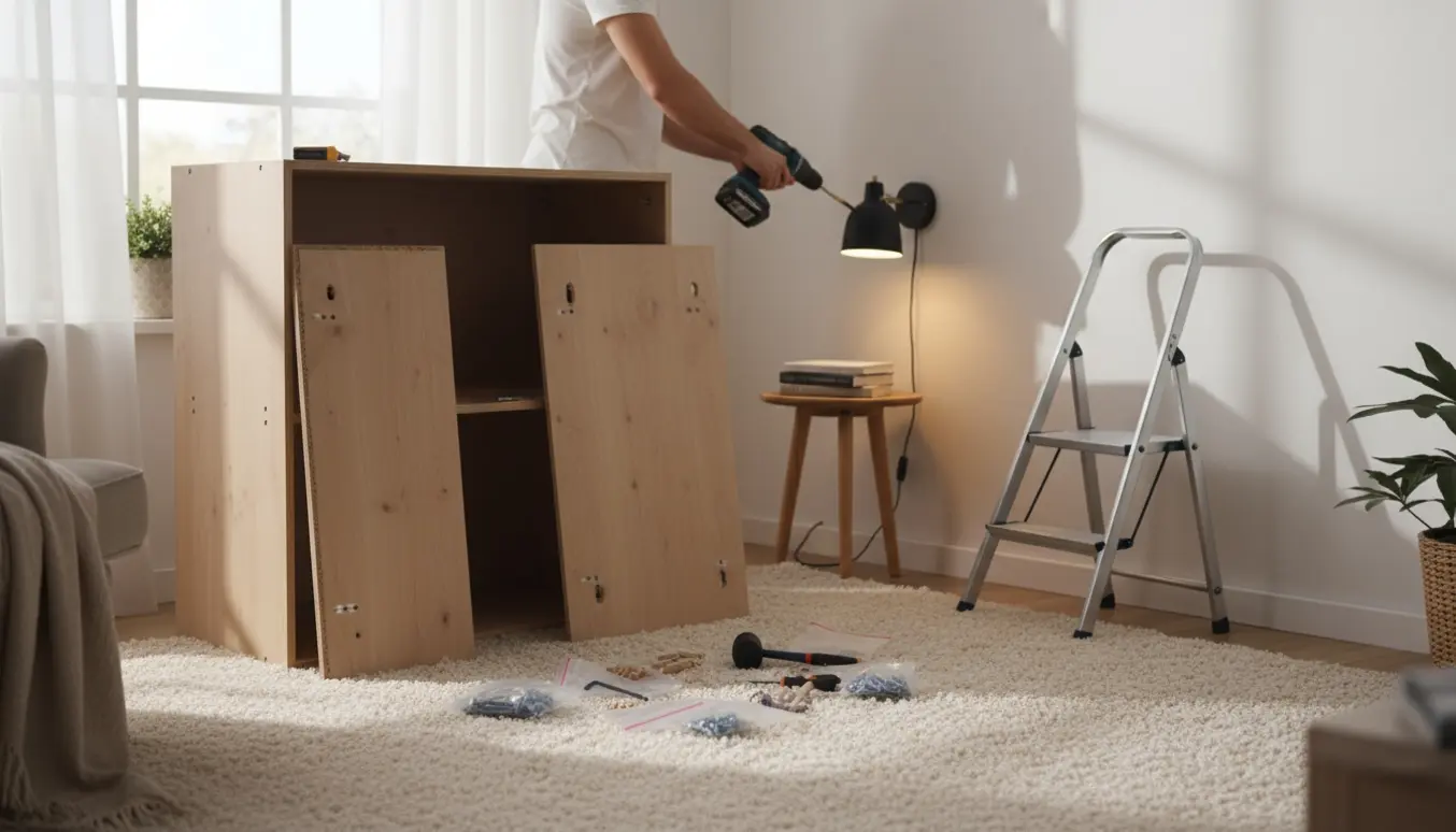 Hænder montere et Ikea-skab og opsætte to lamper i et lyst, ryddeligt værelse.