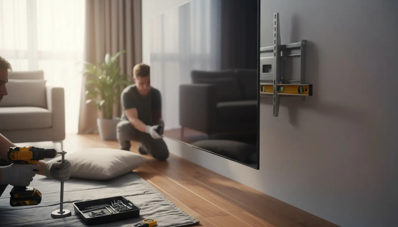 To personer monterer et 85 tommer tv på beslag i en lys, moderne stue.