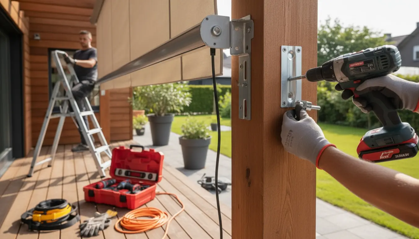 Installatører monterer en ny elektrisk terrassemarkise på en træfacade med værktøj og hænder i fokus.