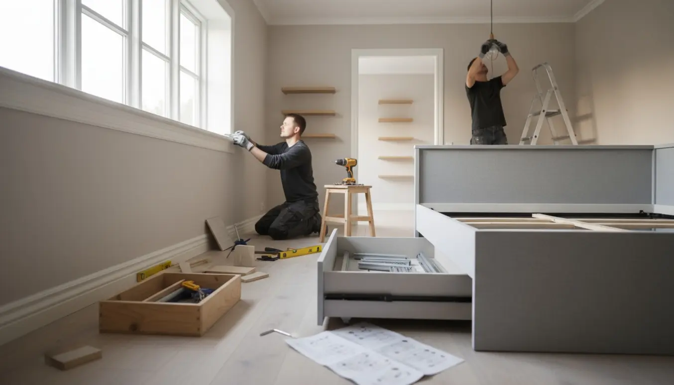 Hyperrealistisk foto af samling og montage af sovesofa, hylder, loftslampe og lister i hjemmet.