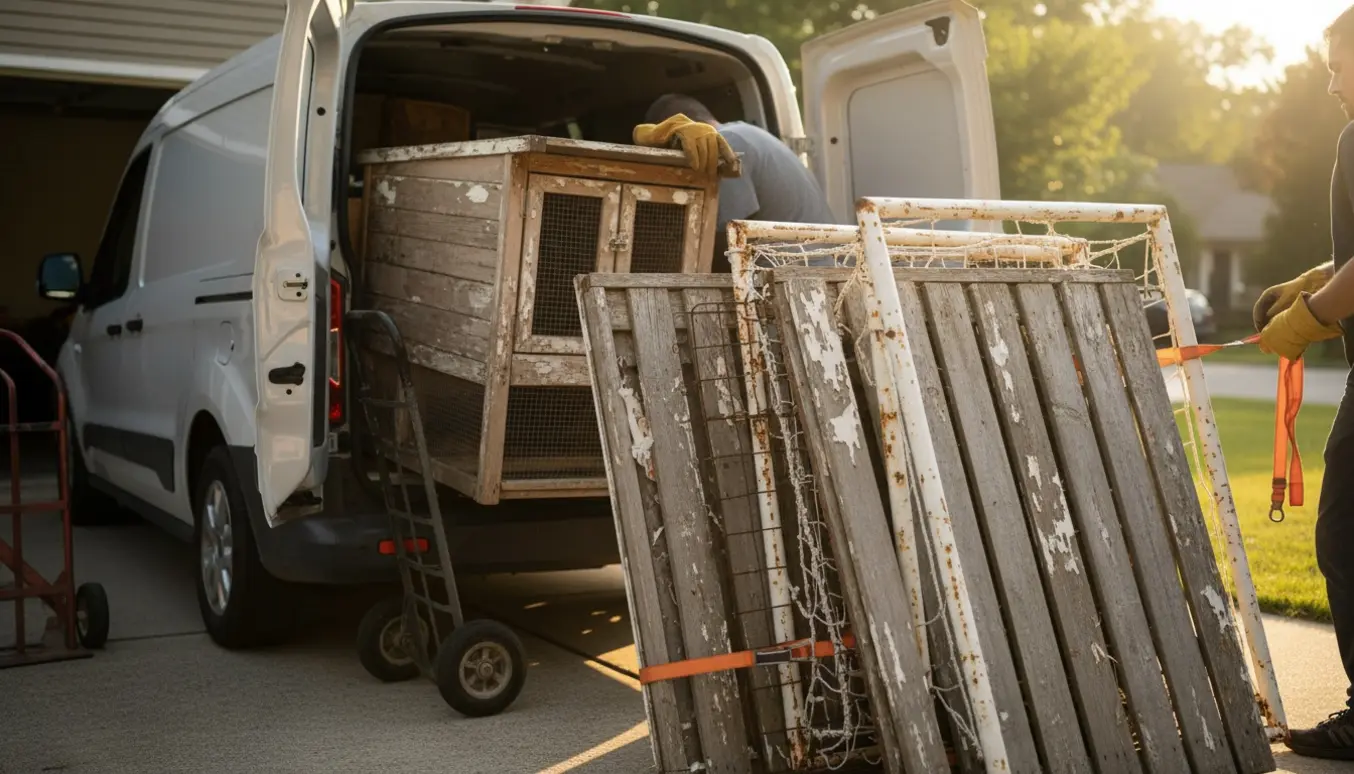 Lastning af et slidt kaninbur, gamle hegnsplanker og et fodboldmål på en varebil i en indkørsel.
