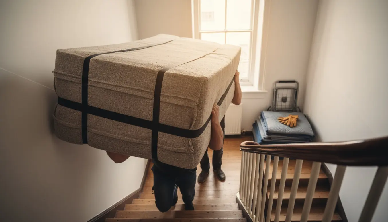 To personer løfter en stor 140x200 boxmadras op ad en trappe i en lys opgang uden synlige ansigter.