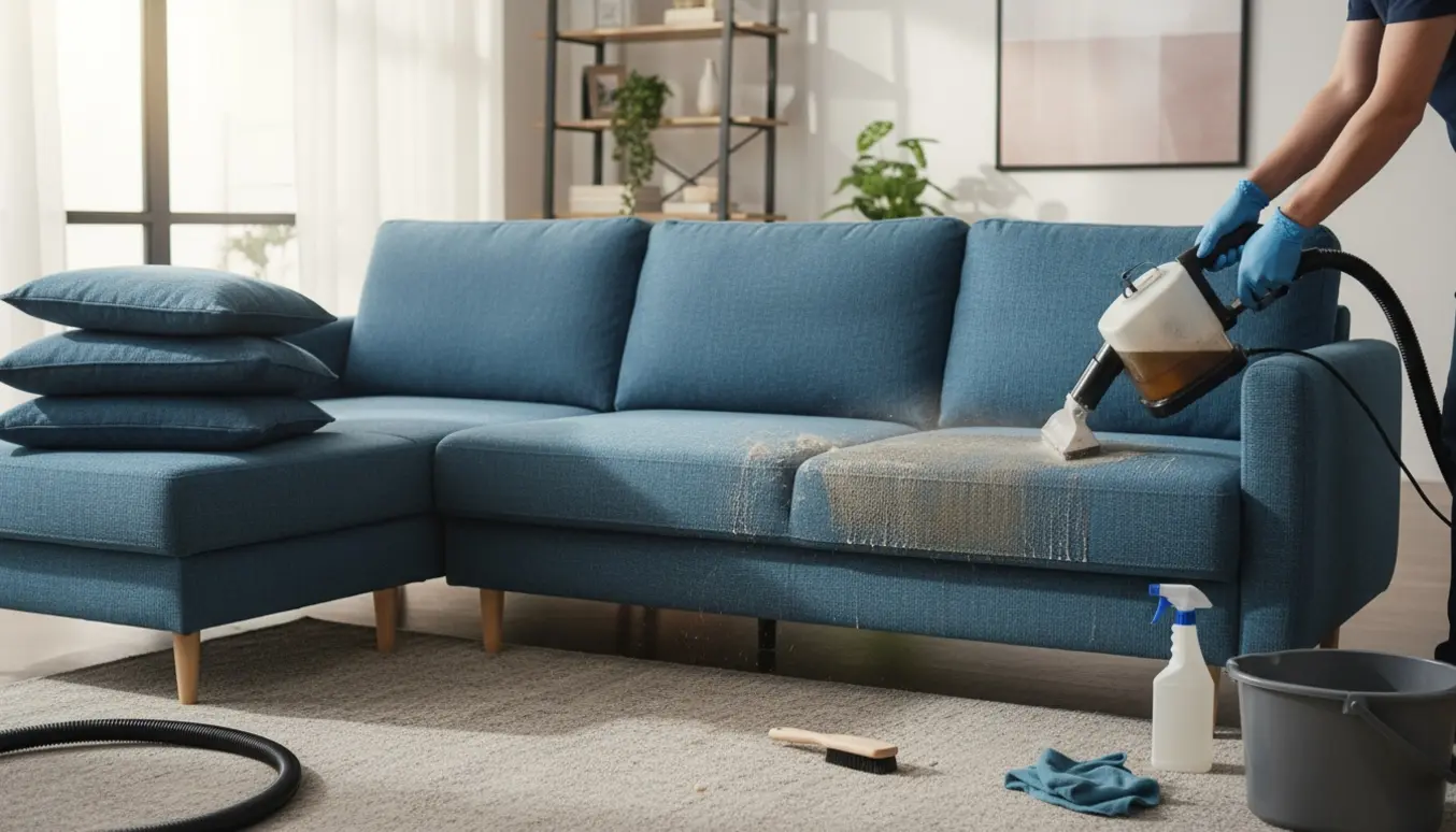 Nærbillede af en blå 3-personers sofa med chaiselong, hvor en håndholdt møbelrenser trækker snavset vand ud, med puder lagt til side.