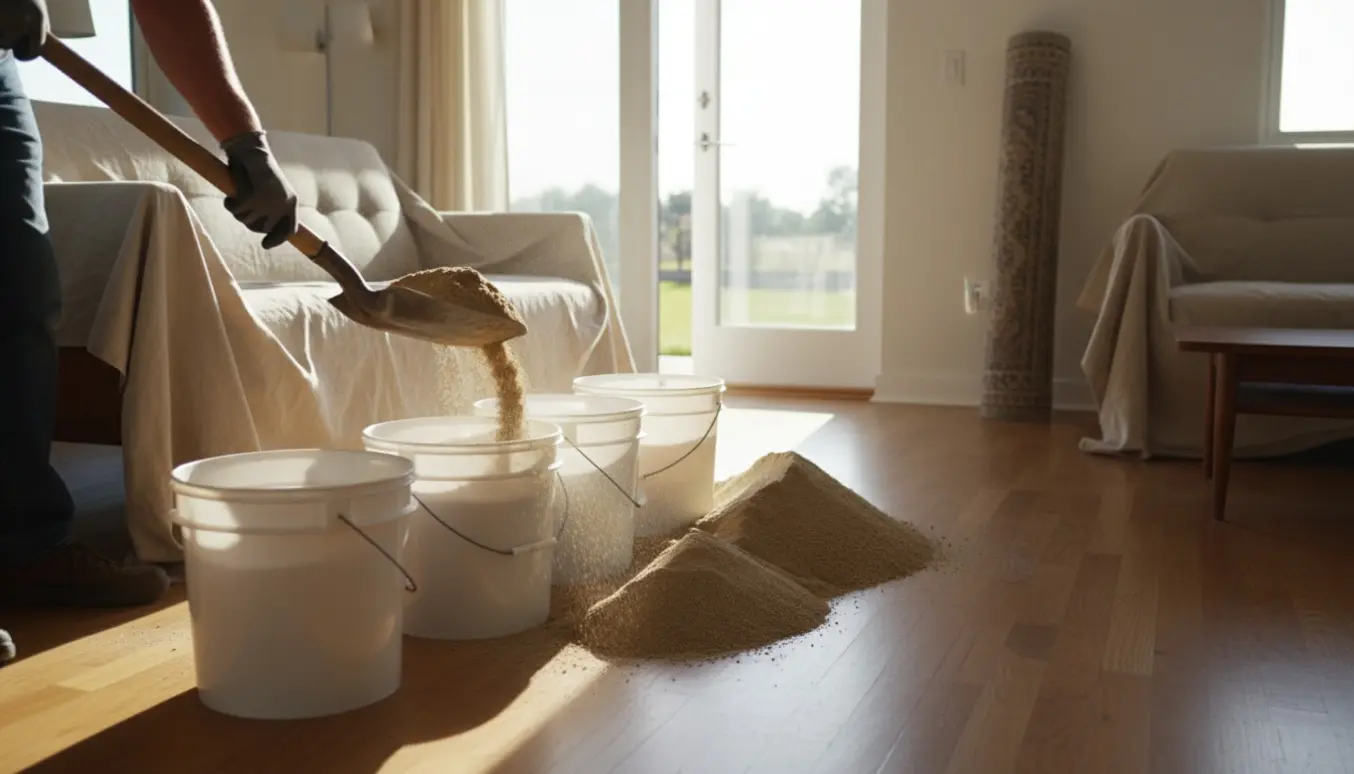 En stue hvor sand graves op med en spade og samles i fem spande i blødt dagslys.