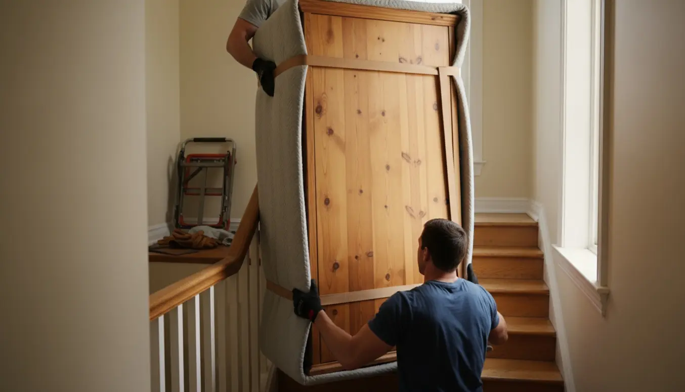 To mænd bærer et massivt fyrreskab op ad en indendørs trappe i en lys gang, ansigter skjulte.