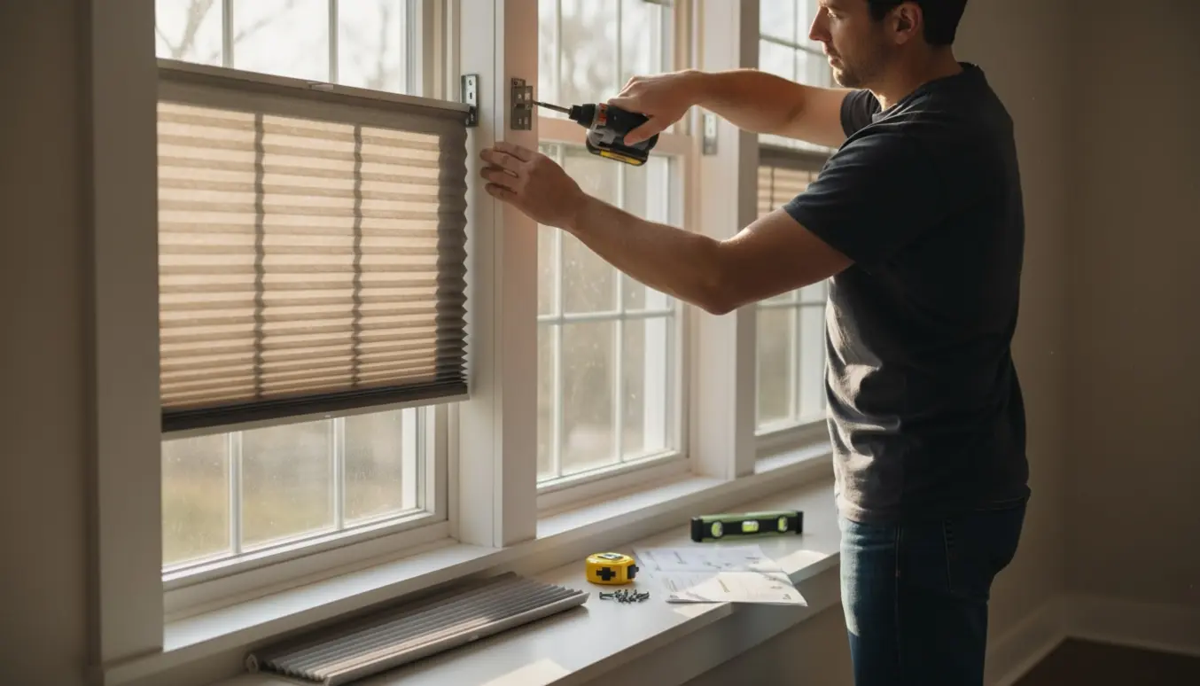 Hænder monterer plisségardiner i fire vindueskarme med værktøj og beslag.
