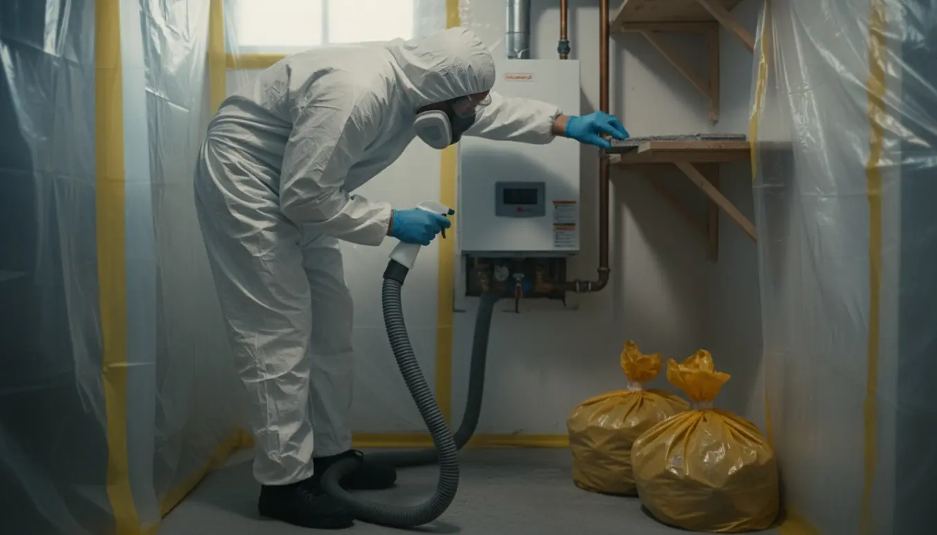 Person i beskyttelsesdragt fjerner en asbestplade over et gasfyr i en afdækket kælder, med plastikafdækning og forseglede affaldssække.