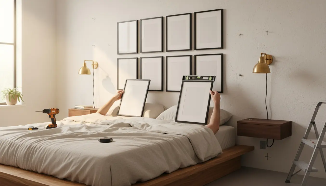 Hænder monterer otte indrammede billeder, to væglamper og væghængte natborde i et moderne soveværelse.