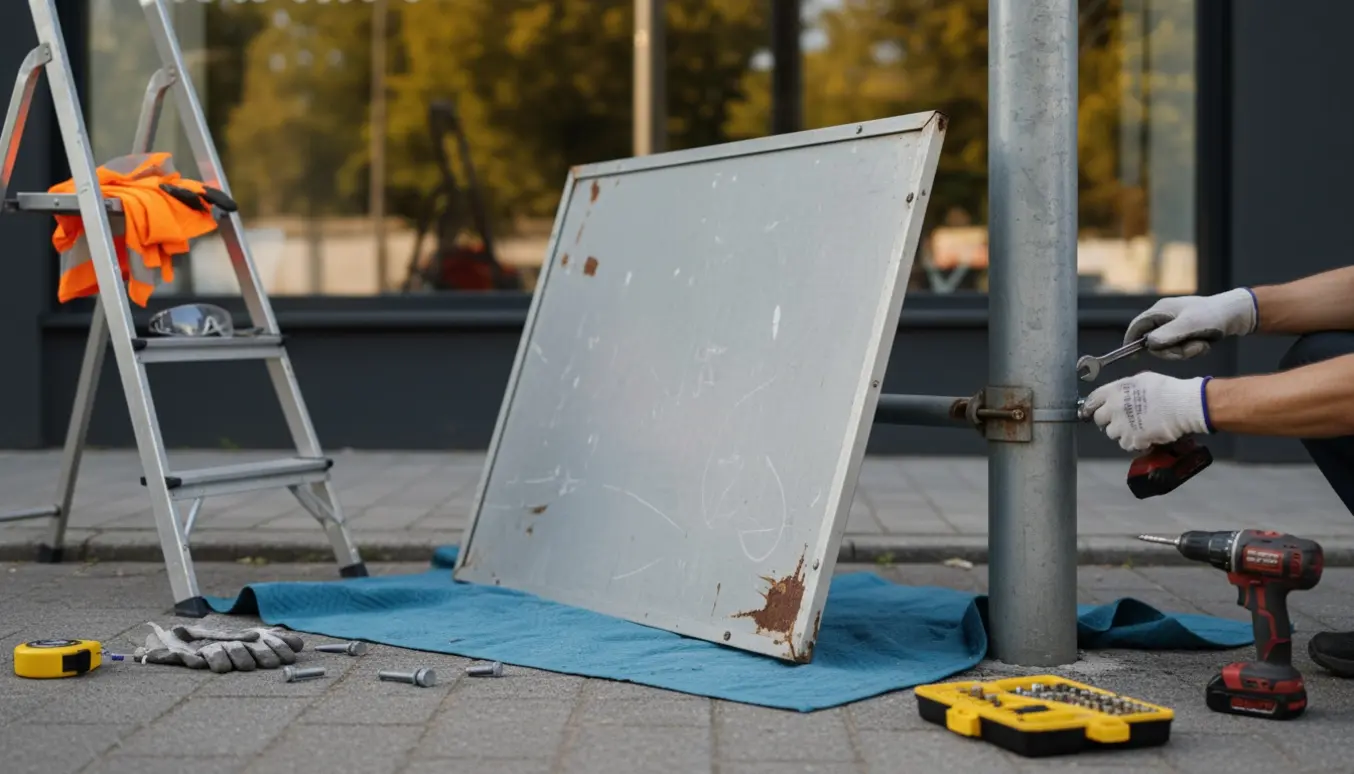 Arbejdsredskaber og hænder tager et rektangulært skilt (ca. 162x60 cm) ned fra en stående stang i naturligt lys.