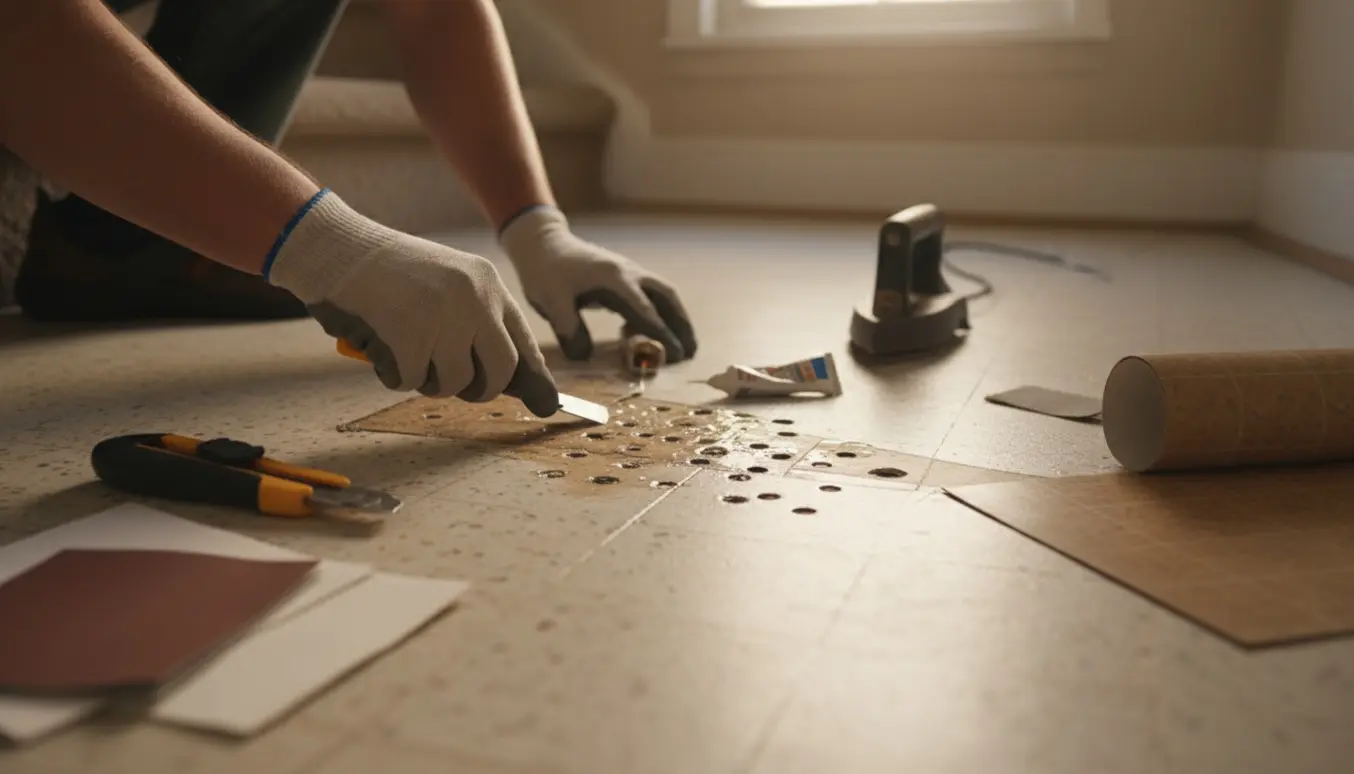 Nærbillede af hænder der lapper små huller i et linoleumsgulv i en opgang med værktøj ved siden af.