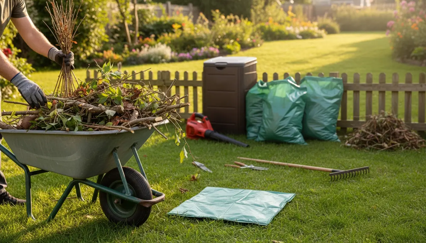 En person læsser haveaffald i en trillebør ved en solbeskinnet have.