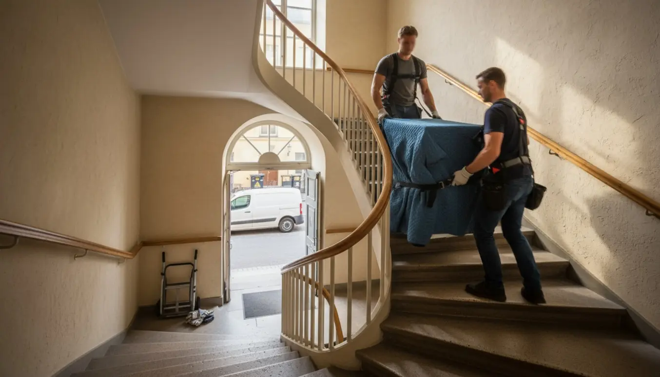 To personer bærer en indpakket vaskemaskine ned ad en lys trappe mod en ventende varevogn.