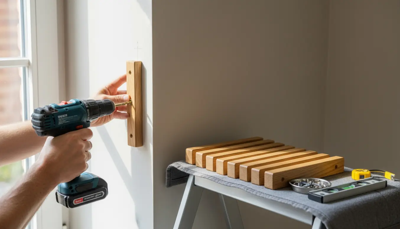 Hænder bruger en skruemaskine til at afmontere og montere træ-gardinbeslag ved et lejlighedsvindue.