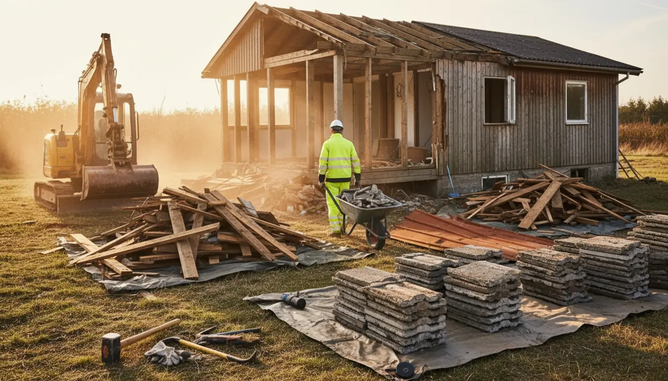 Delvist nedbrudt 70 m² træsommerhus med bunker af træ, metal og beton tagsten i sollys.