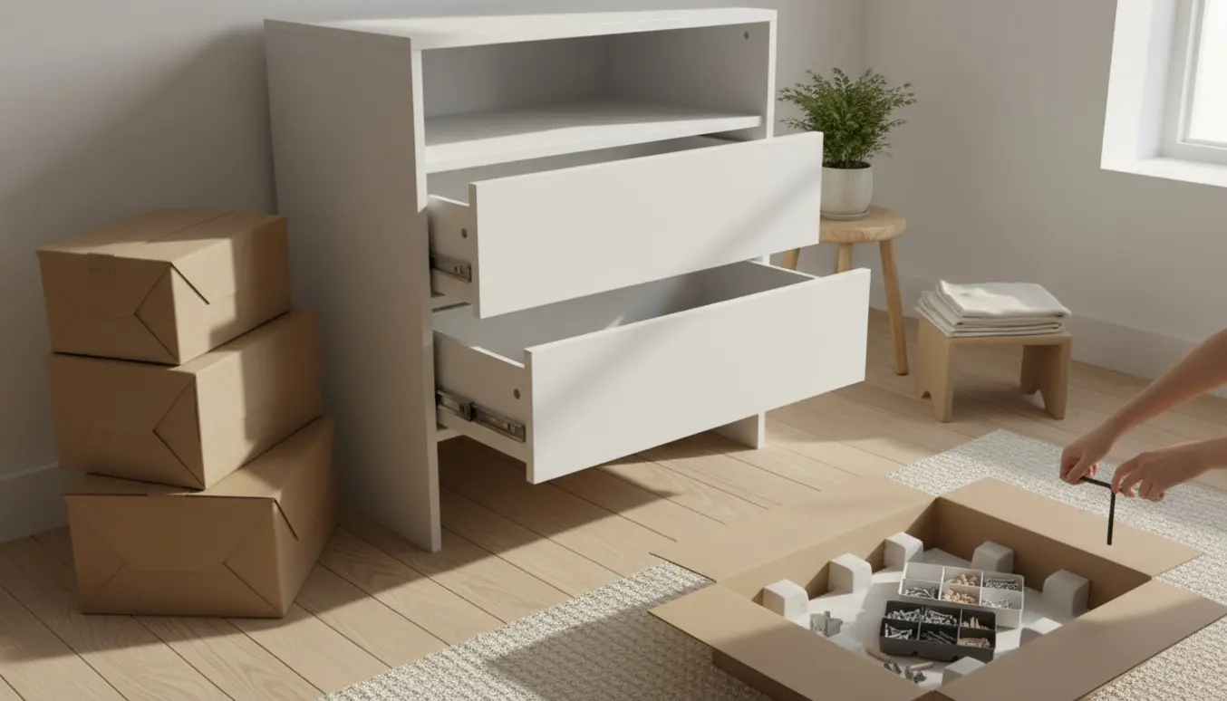 Hvid kommode med tre skuffer under samling ved siden af fire flade pakker og værktøj.