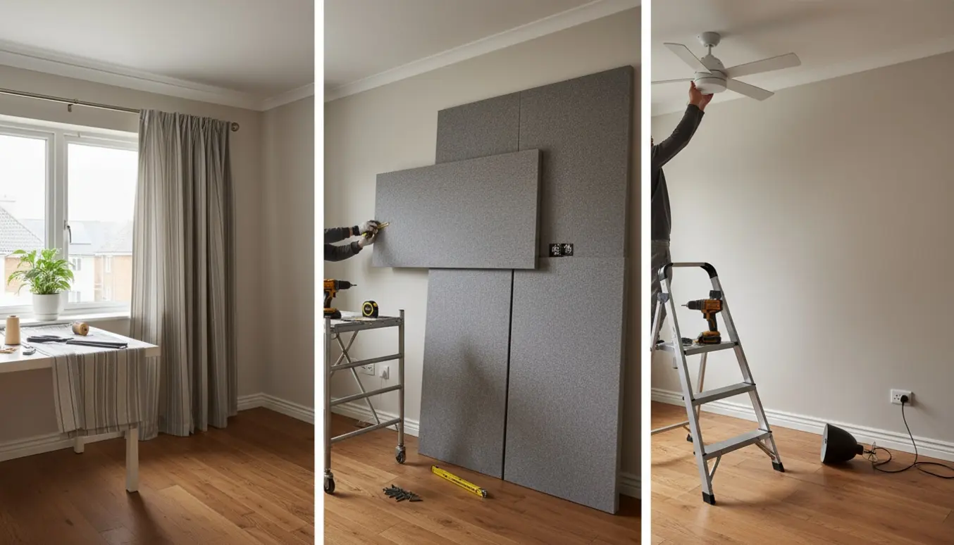 Bredt interiørfoto med akustikpaneler på væg, montering af loftventilator og tilskæring af gardin.