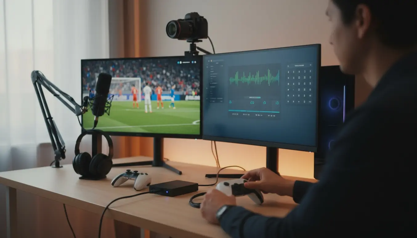 Nærbillede af hænder, der sætter kabler i et gaming-streaming-setup med to skærme, mikrofon og headset.