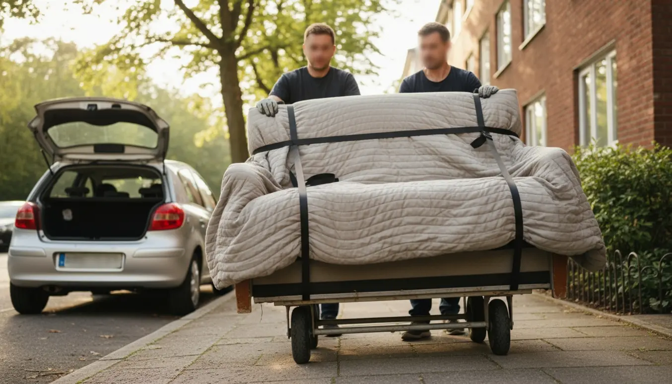 To mænd transporterer en sovesofa på en tralle langs en stille boligvej, ansigterne er uklare.