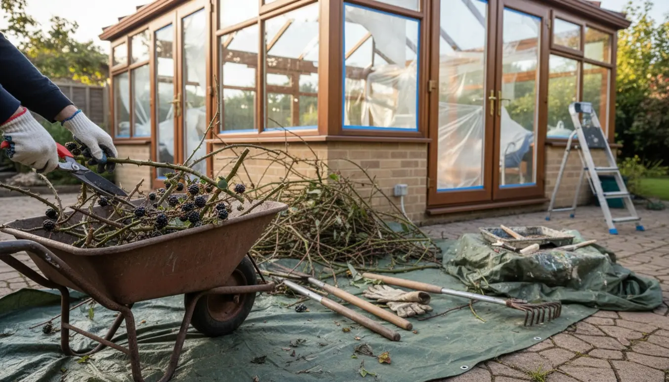 Rydning af brombær ved en udestue med beskårne stængler i en trillebør og afdækning klar til maling.