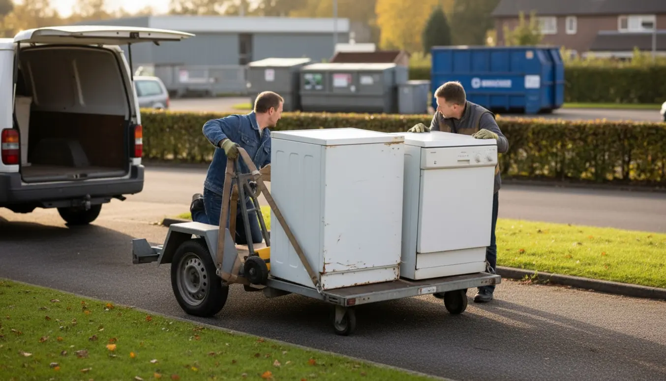 To personer læsser en tung vaskemaskine og en opvaskemaskine fra indkørslen klar til aflevering på genbrugspladsen.
