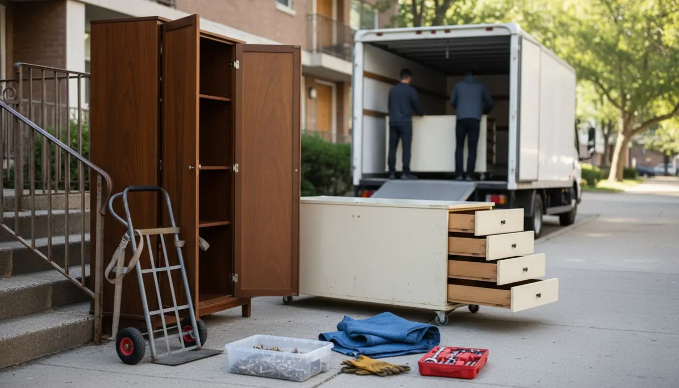To klædeskabe klar til afhentning på fortovet med flyttevogn og flytteudstyr i baggrunden.