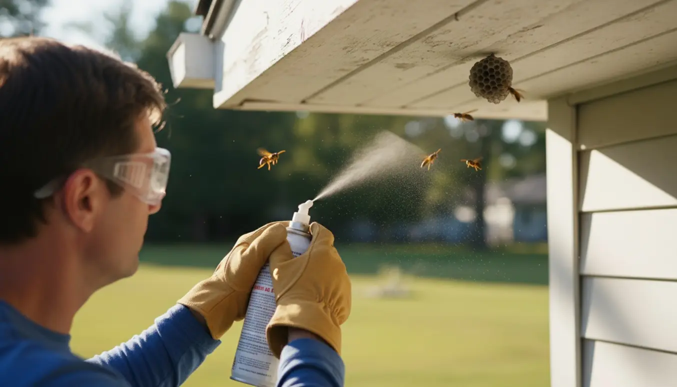 Person sprøjter et hvepsebo under husets udhæng fra jorden iført handsker og beskyttelsesbriller.