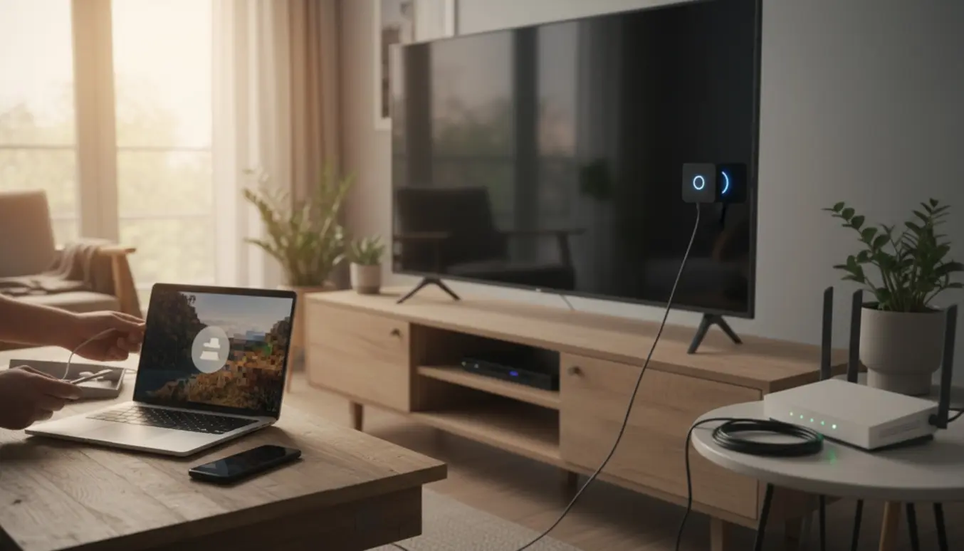 Hænder arbejder med Chromecast og laptop ved et TV i en stue for at løse forbindelse.