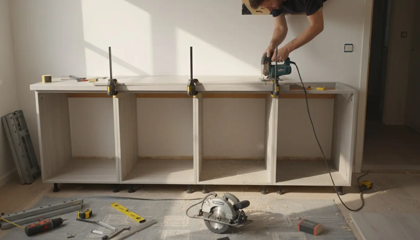 Tre underskabe med laminatbordplade der skæres til ved en dørkarm, værktøj og savstøv i arbejdsområdet.