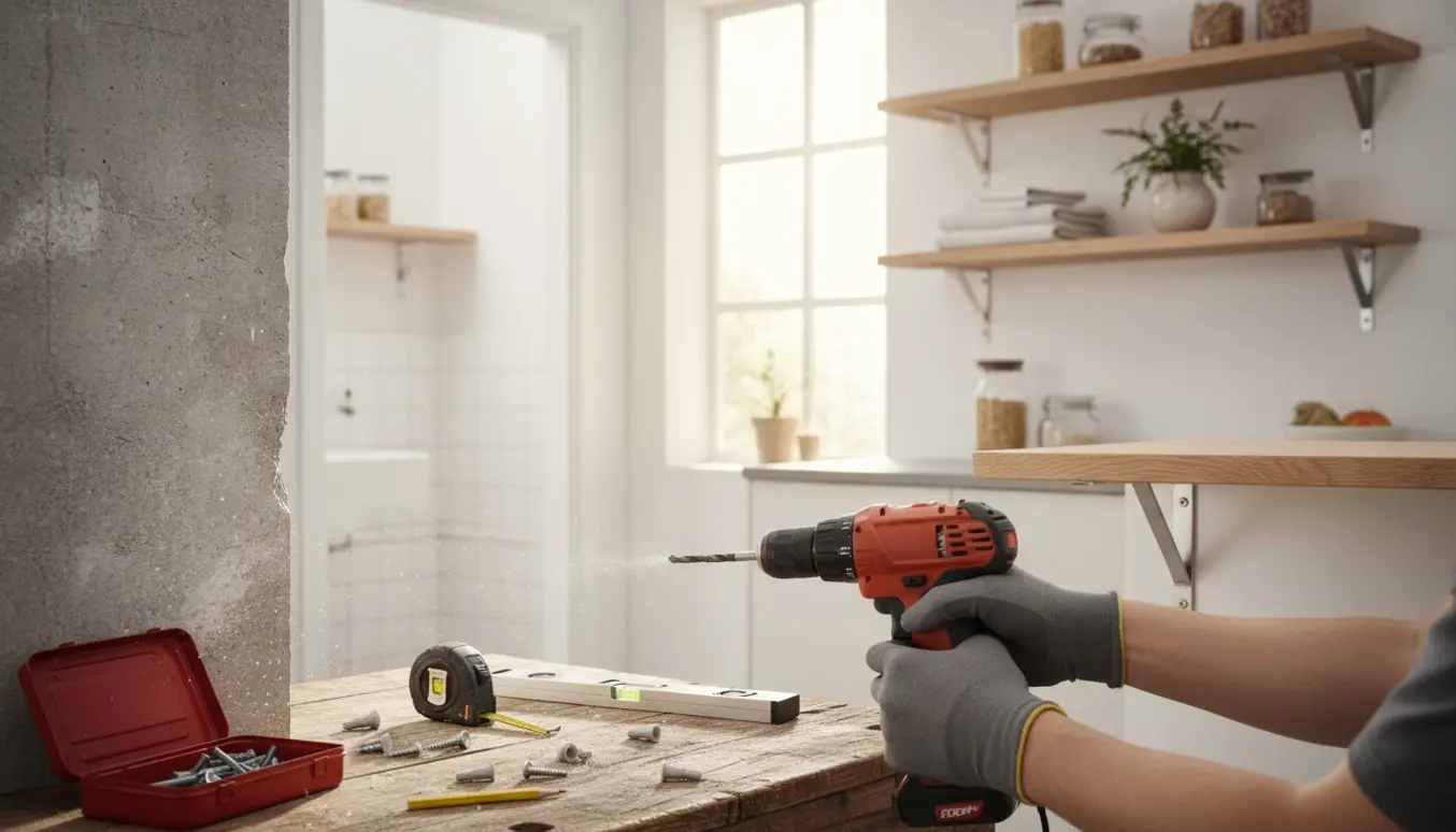 Nærbillede af hånd, der borer i en murstens-/betonvæg for at montere rawlplugs og en 80x30 hylde, med to færdigmonterede hylder i køkkenet i baggrunden.