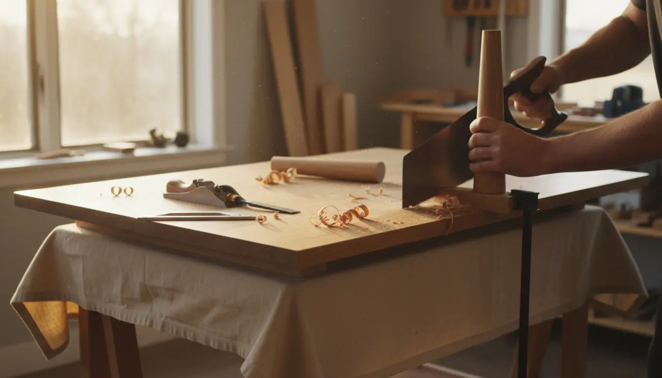 Hænder forkorter benene på et Shaker-sofabord i massiv egetræ i et lyst værksted.