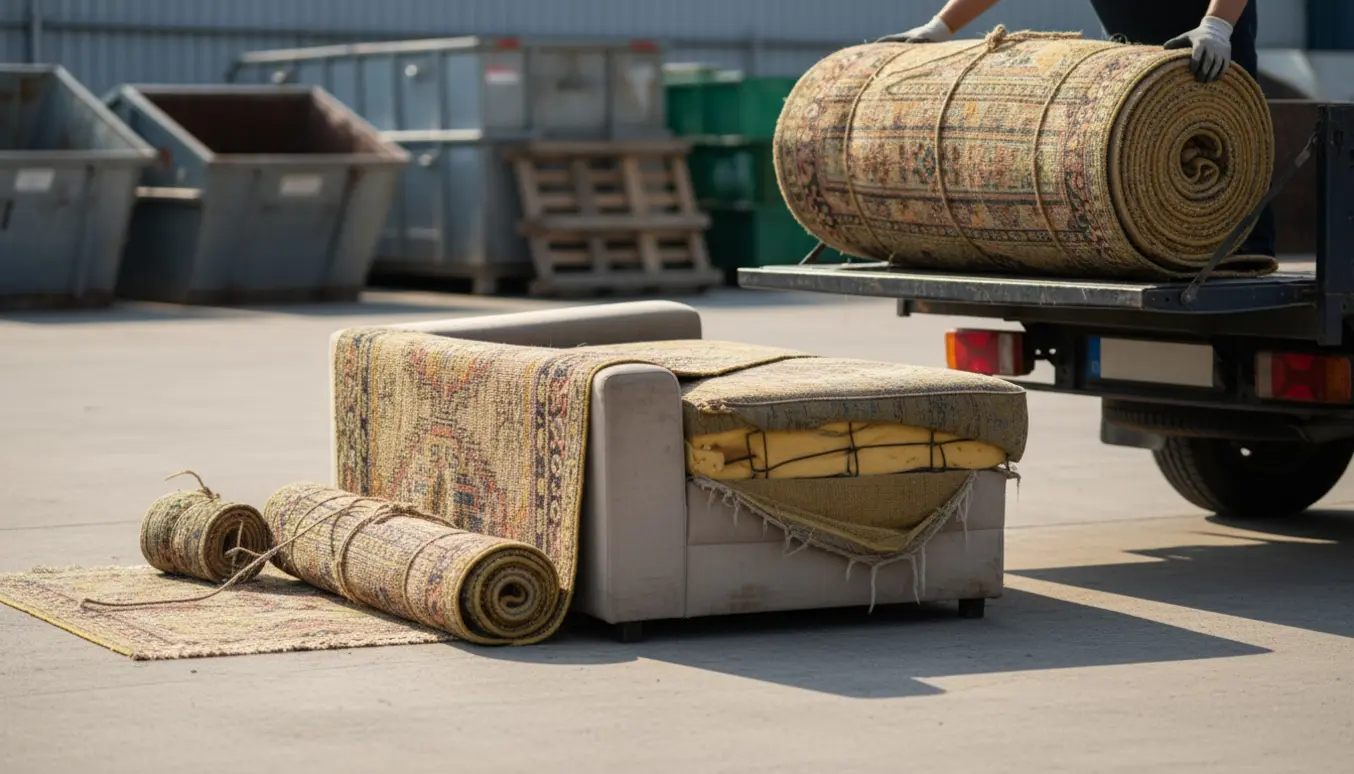 Rullede gulvtæpper og en sammenklappet slidt trepersoners sofa læsses af ved en genbrugsplads.