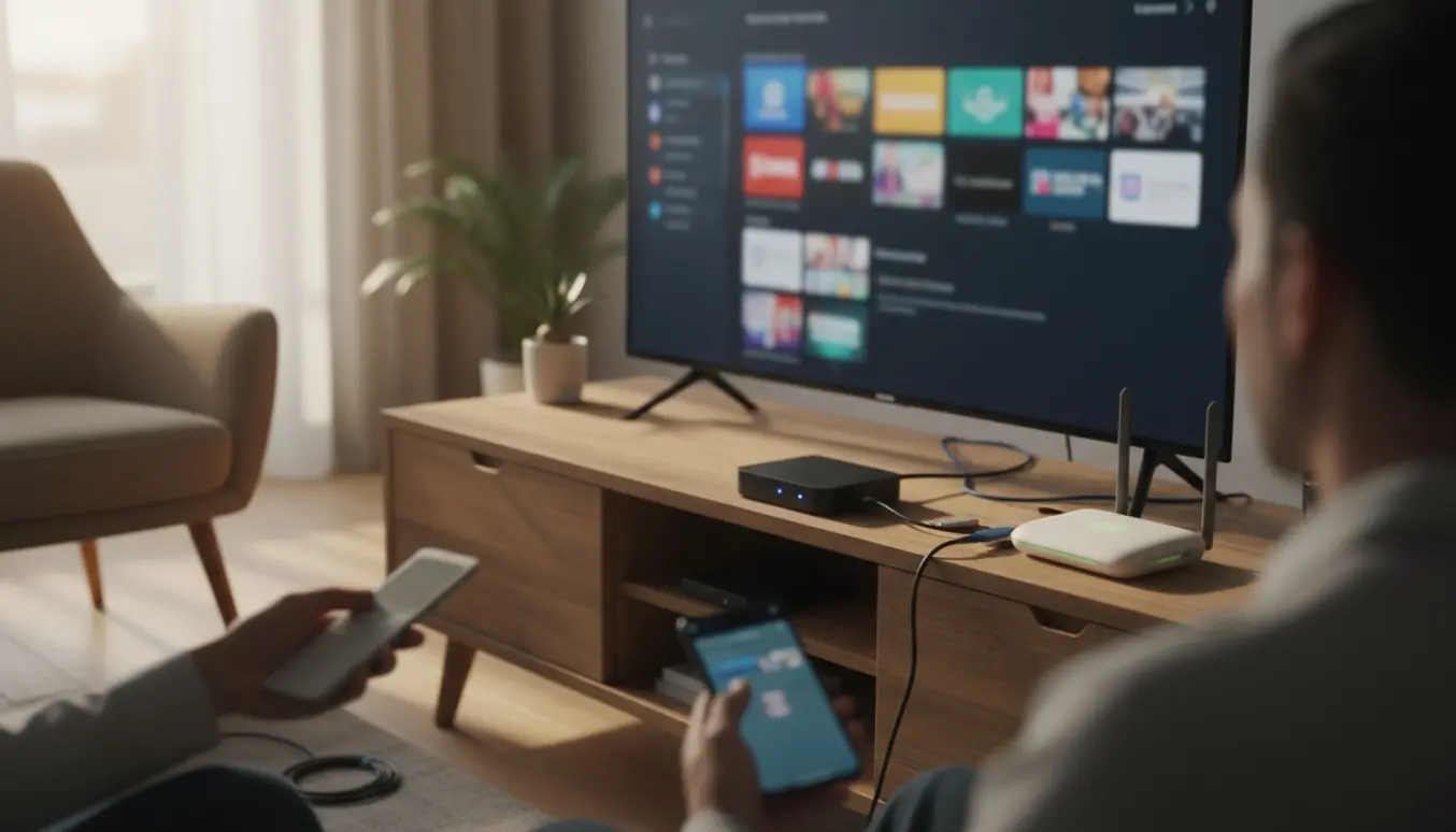 Hænder opsætter en tv-boks og justerer IPTV-kanaler på et smart-tv i en lys og hyggelig stue.