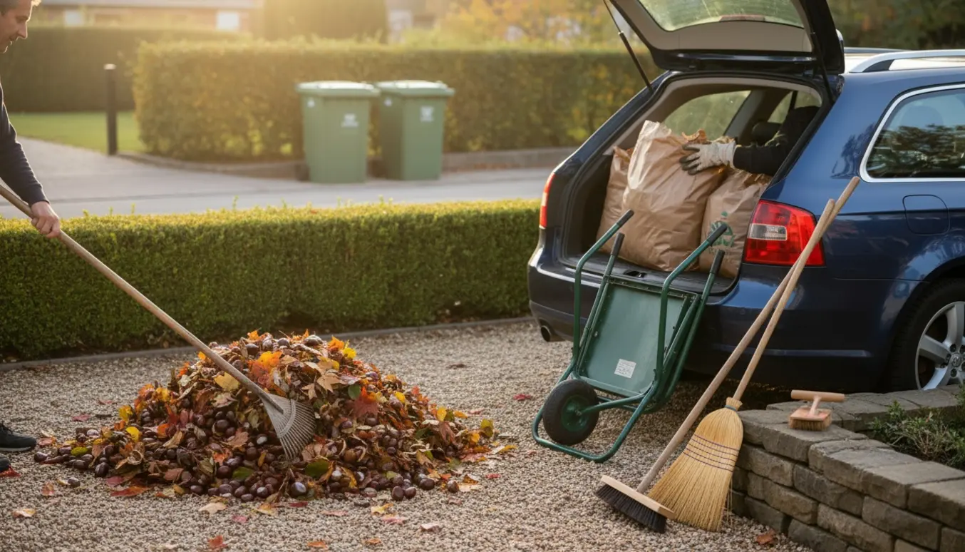 En person fejer blade og kastanjer ved indkørslen og læsser fyldte haveposer i bilen klar til genbrugspladsen.