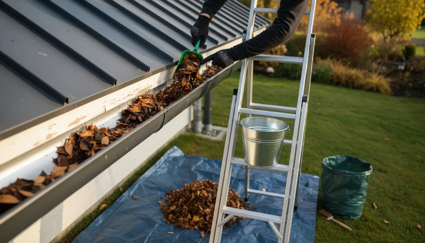 Hænder fjerner blade fra en tagrende ved et étplans hus med stige og spand nedenfor.