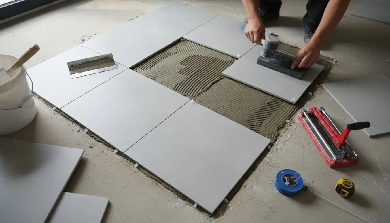 Hænder lægger lysegrå 50x50 cm fliser på en lille terrasse.