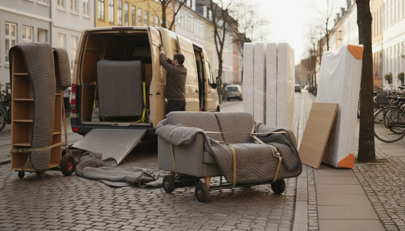 Læssning af indpakkede møbler i en varevogn på en rolig københavnsk gade.