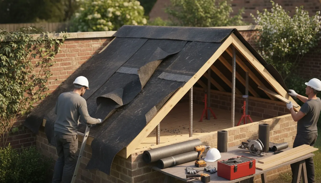 Renovering af baghusets tag (ca. 3x4 m) med fjernet paptag, nye bærespær og midlertidige justerbare støtter i loftet.